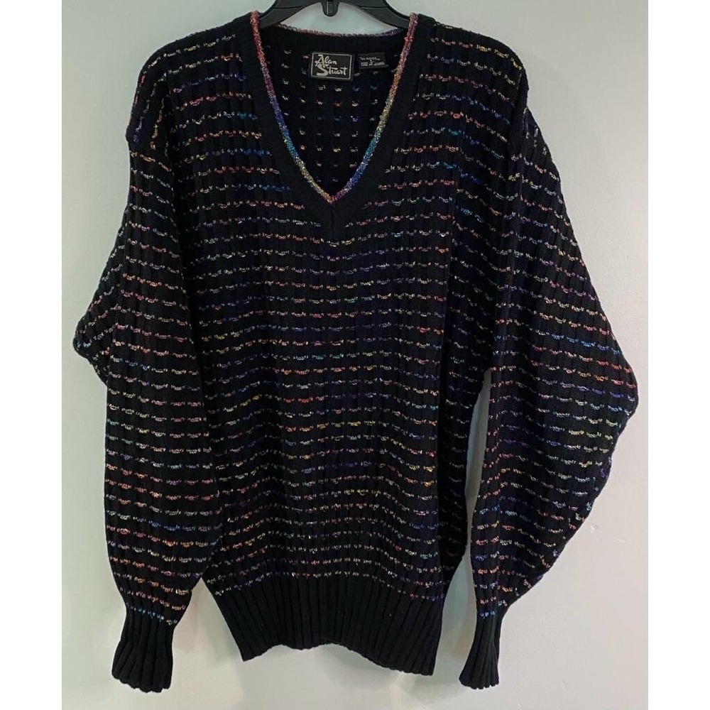 Vintage Alan‎ Stuart Coogi Style L Knit Sweater Black with Multi Color USA